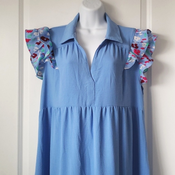 Umgee Tiered Dress Printed Flutter Sleeves V Neck Collar Midi Blue XL - Picture 3 of 11